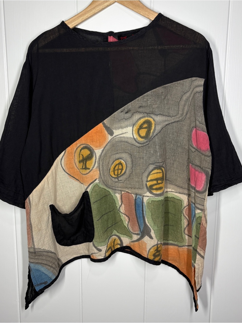 Machiko Hand Painted Asymmetric Women’s Top Size S/M Black Multicolor Panel